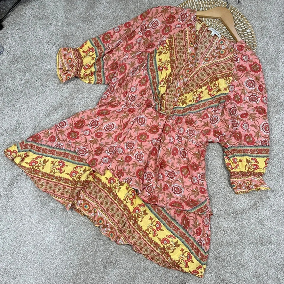 Umgee Floral Border Print Layered Mini Dress Boho Gypsy Rose Pink Plus Size 1X - Picture 3 of 15